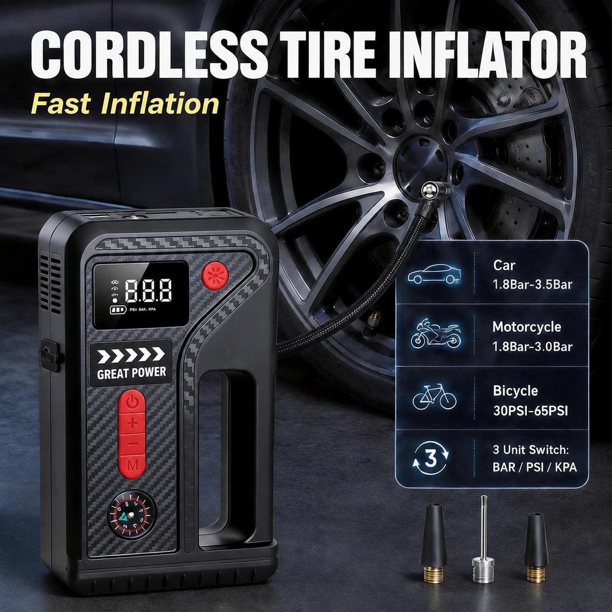 Car Essentials 10-In-1 Roadside Emergency Tool, 13000A Jump Starter And 200 PSI Digital Tire Inflator With Smart Clamps, USB Output, LED Work Light And Pressure Gauge For 12V Cars, SUVs And Pickups