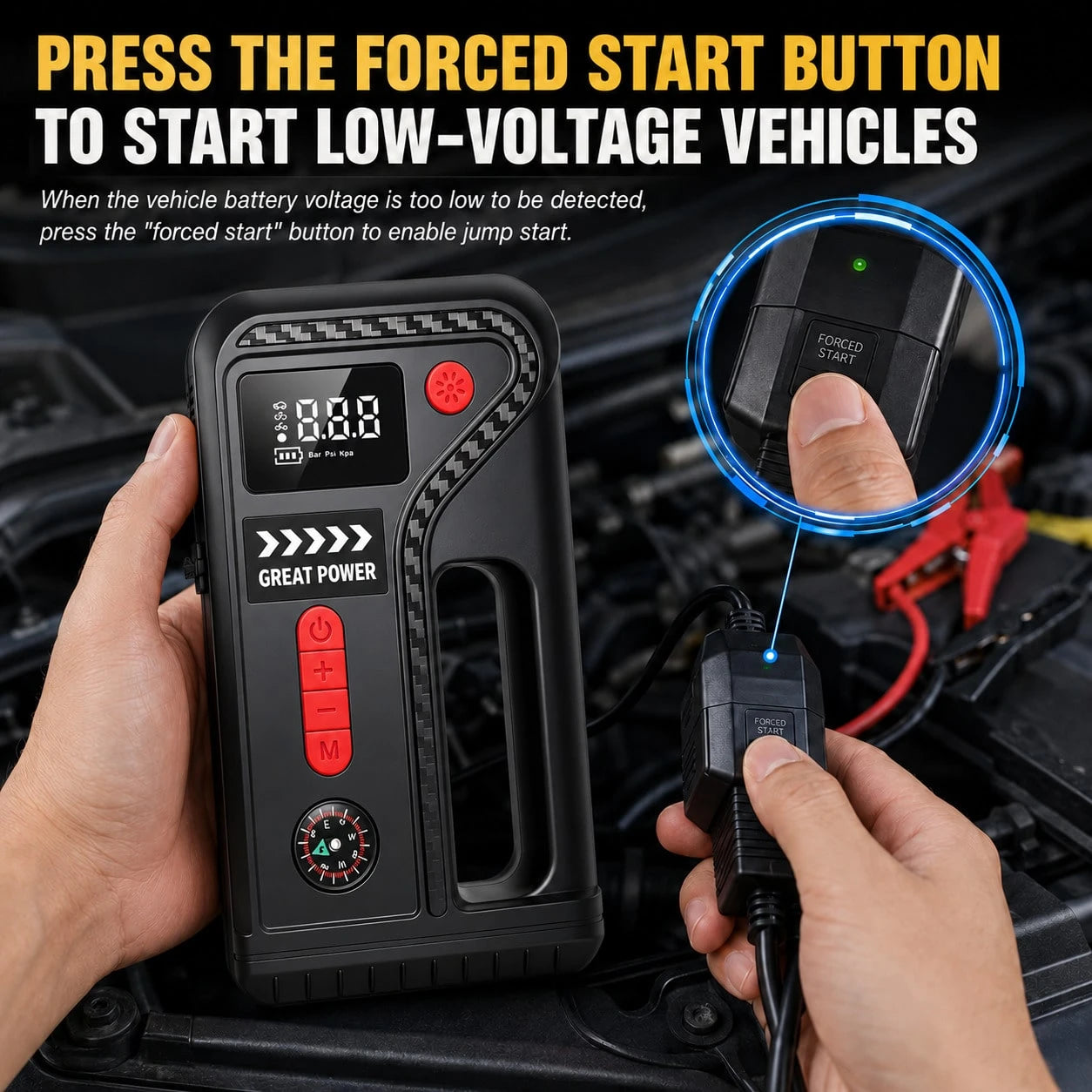Car Essentials 10-In-1 Roadside Emergency Tool, 13000A Jump Starter And 200 PSI Digital Tire Inflator With Smart Clamps, USB Output, LED Work Light And Pressure Gauge For 12V Cars, SUVs And Pickups
