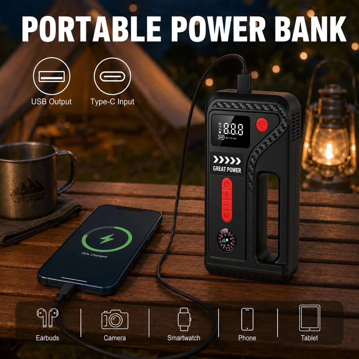 Car Essentials 10-In-1 Roadside Emergency Tool, 13000A Jump Starter And 200 PSI Digital Tire Inflator With Smart Clamps, USB Output, LED Work Light And Pressure Gauge For 12V Cars, SUVs And Pickups