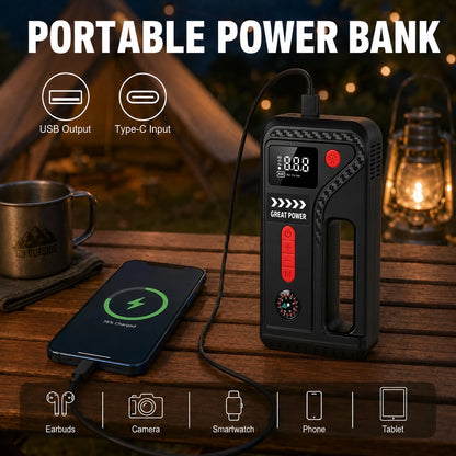 Car Essentials 10-In-1 Roadside Emergency Tool, 13000A Jump Starter And 200 PSI Digital Tire Inflator With Smart Clamps, USB Output, LED Work Light And Pressure Gauge For 12V Cars, SUVs And Pickups