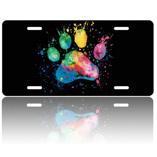 Car Front License Plate, Colorful Pet Paw Print Funny License Plate Personalized Car Decoration Rust-Proof Stainless Steel Vanity Car Tags Accessories For Women Men,12.2" X 6.2"