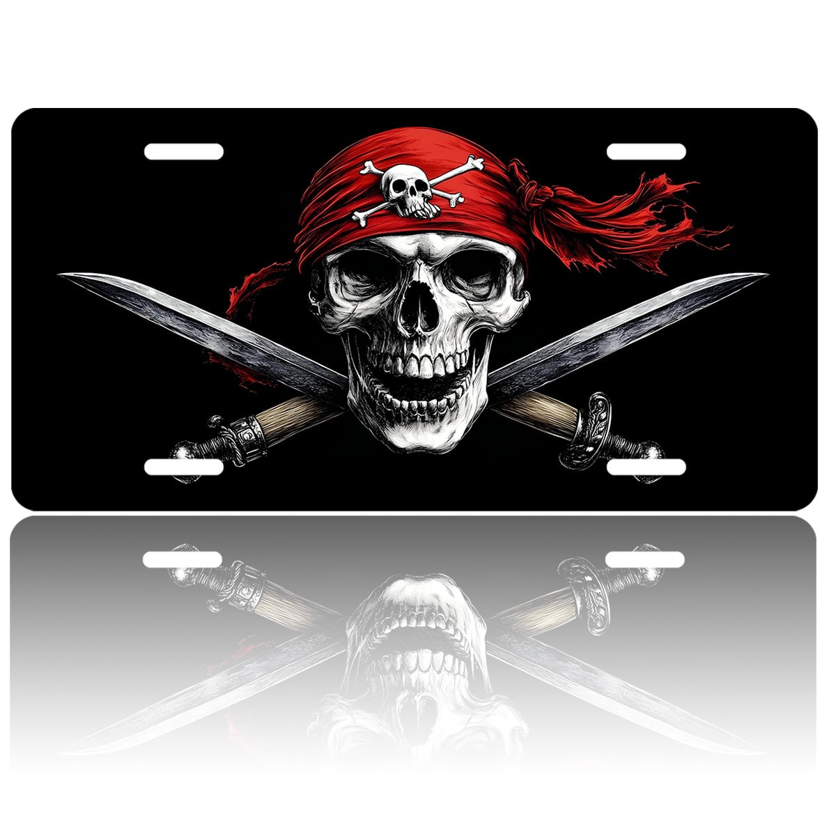 Car Front License Plate, Pirate Skull With Swords Funny License Plate Personalized Car Decoration Rust-Proof Stainless Steel Vanity Car Tags Accessories For Women Men,12.2" X 6.2"