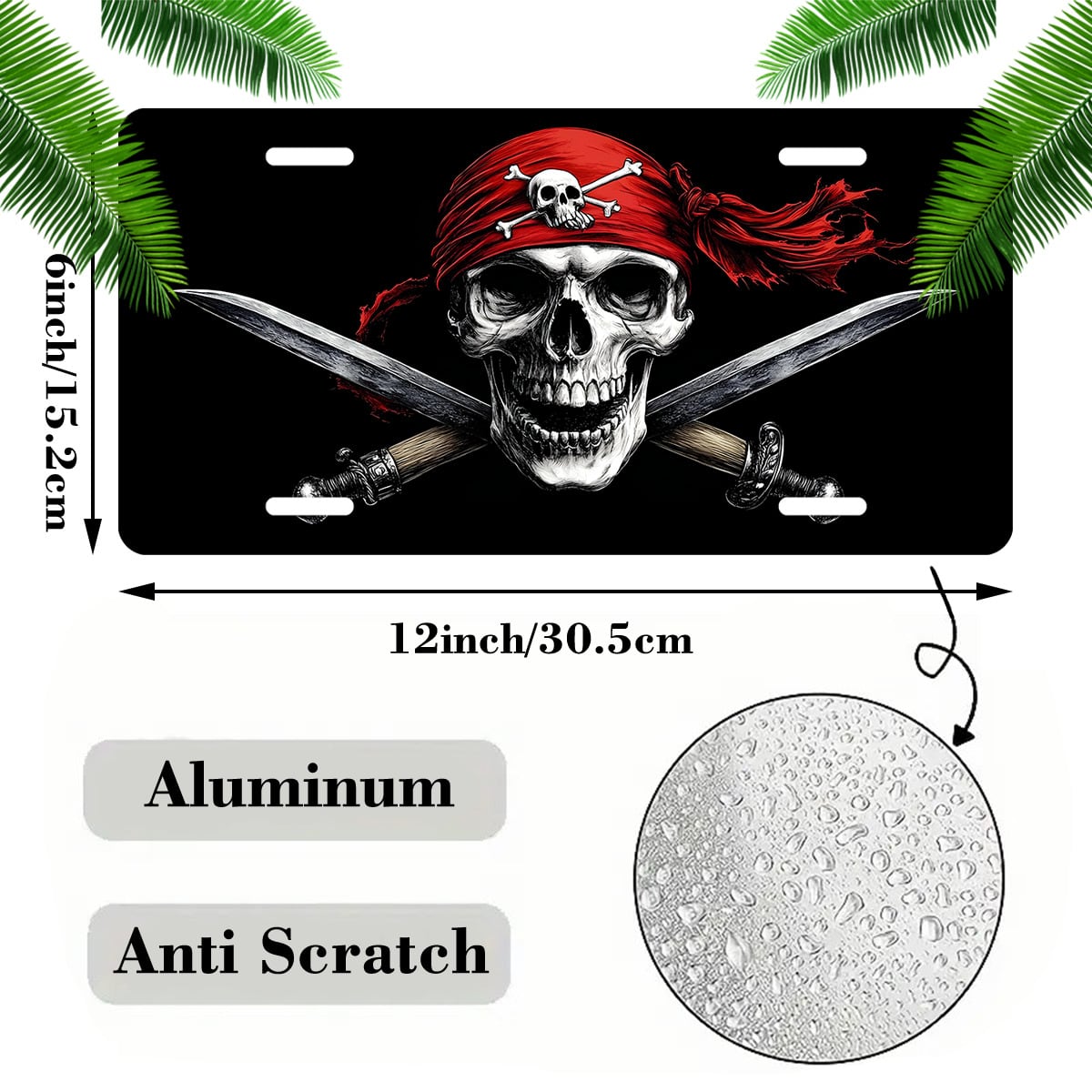 Car Front License Plate, Pirate Skull With Swords Funny License Plate Personalized Car Decoration Rust-Proof Stainless Steel Vanity Car Tags Accessories For Women Men,12.2" X 6.2"