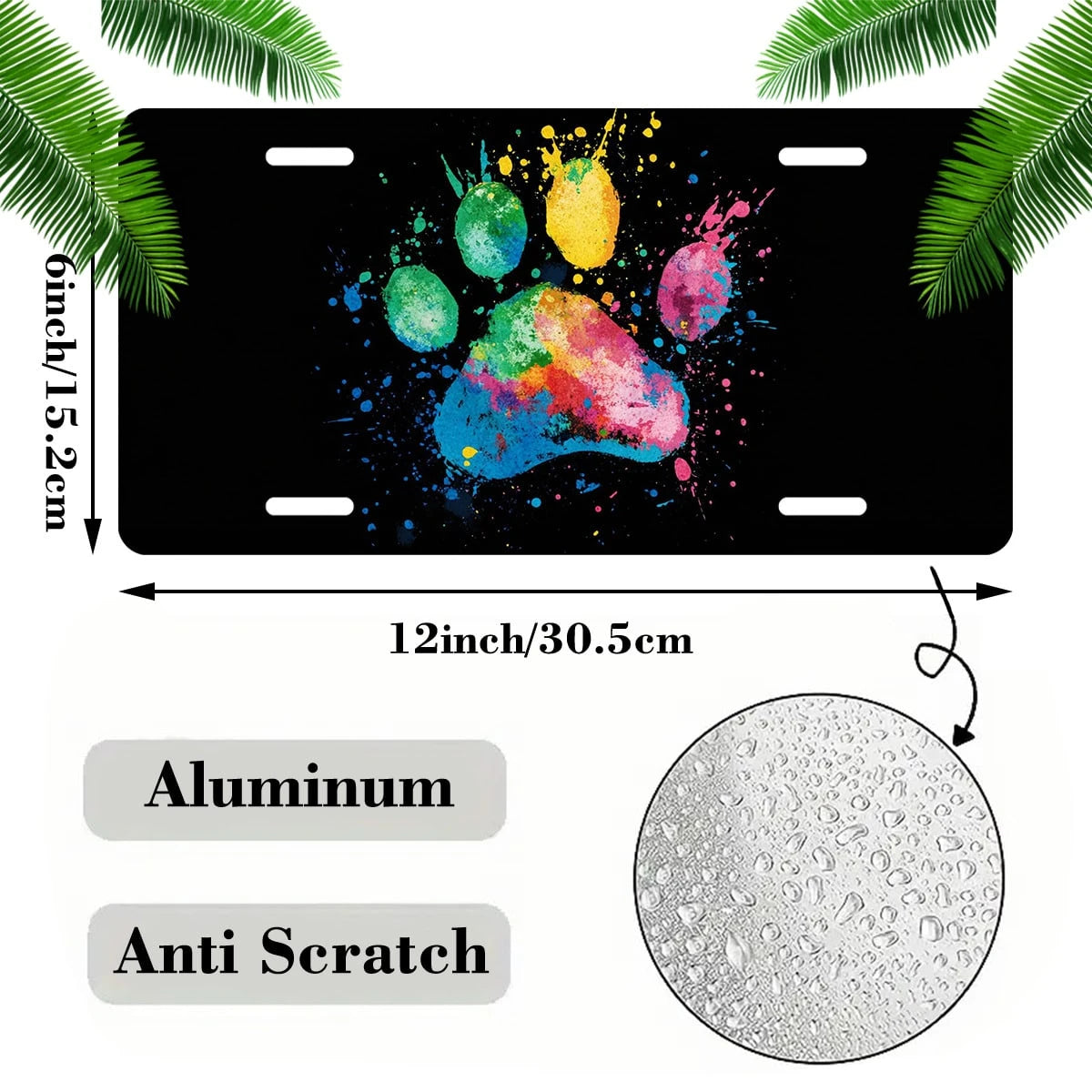 Car Front License Plate, Colorful Pet Paw Print Funny License Plate Personalized Car Decoration Rust-Proof Stainless Steel Vanity Car Tags Accessories For Women Men,12.2" X 6.2"