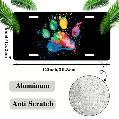 Car Front License Plate, Colorful Pet Paw Print Funny License Plate Personalized Car Decoration Rust-Proof Stainless Steel Vanity Car Tags Accessories For Women Men,12.2" X 6.2"