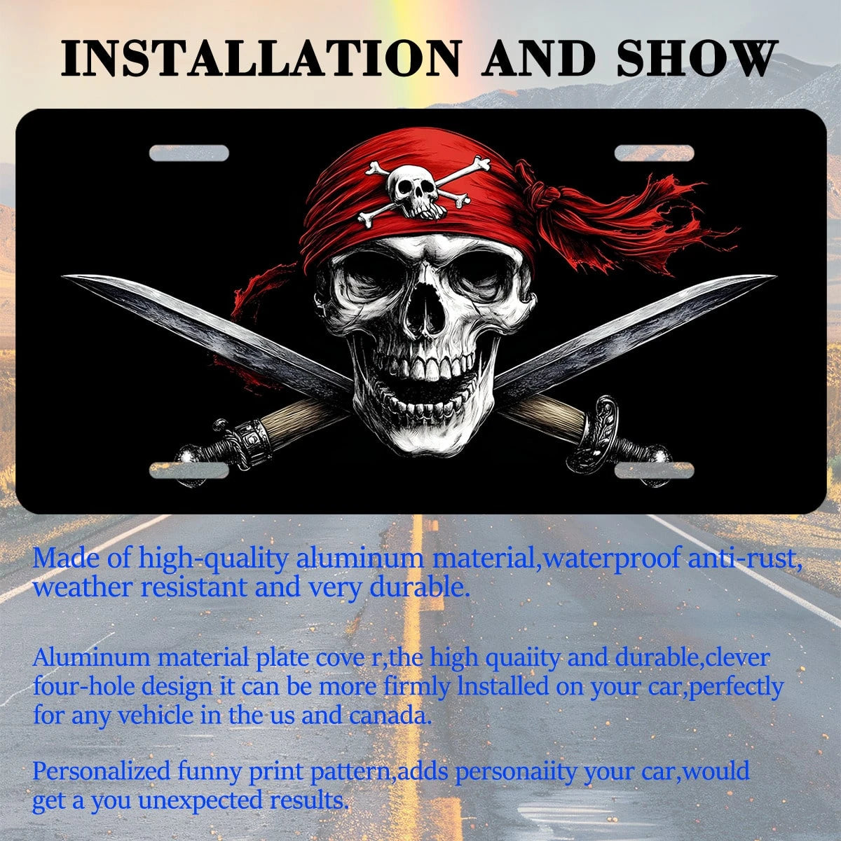 Car Front License Plate, Pirate Skull With Swords Funny License Plate Personalized Car Decoration Rust-Proof Stainless Steel Vanity Car Tags Accessories For Women Men,12.2" X 6.2"