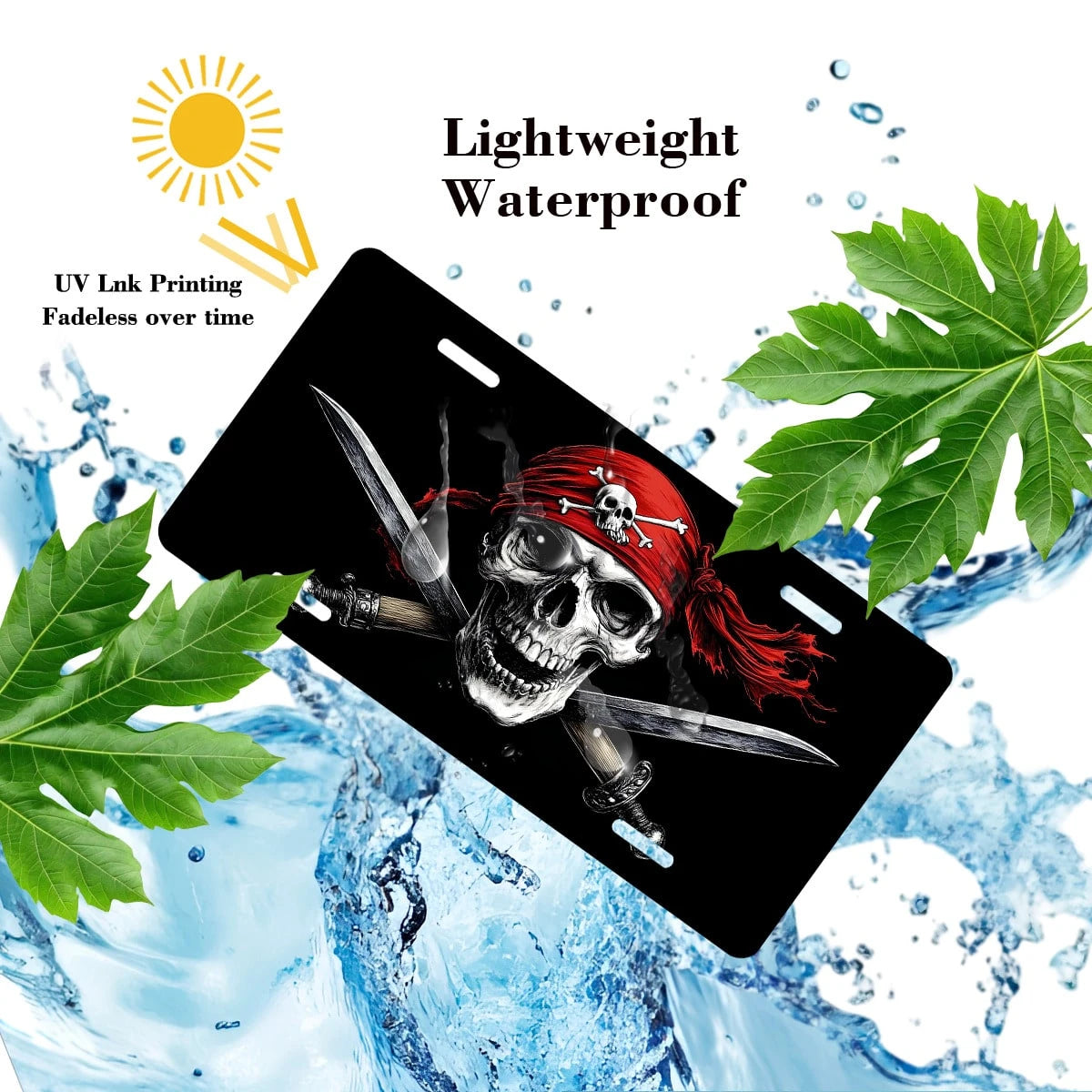 Car Front License Plate, Pirate Skull With Swords Funny License Plate Personalized Car Decoration Rust-Proof Stainless Steel Vanity Car Tags Accessories For Women Men,12.2" X 6.2"