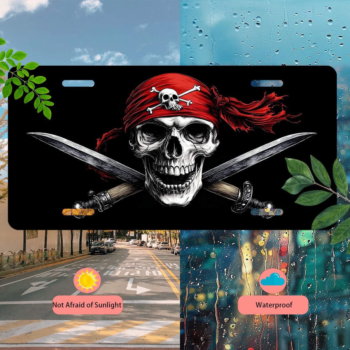 Car Front License Plate, Pirate Skull With Swords Funny License Plate Personalized Car Decoration Rust-Proof Stainless Steel Vanity Car Tags Accessories For Women Men,12.2" X 6.2"