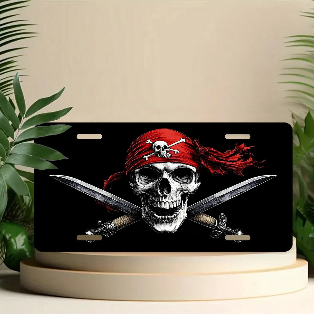Car Front License Plate, Pirate Skull With Swords Funny License Plate Personalized Car Decoration Rust-Proof Stainless Steel Vanity Car Tags Accessories For Women Men,12.2" X 6.2"
