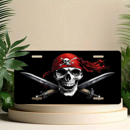 Car Front License Plate, Pirate Skull With Swords Funny License Plate Personalized Car Decoration Rust-Proof Stainless Steel Vanity Car Tags Accessories For Women Men,12.2" X 6.2"