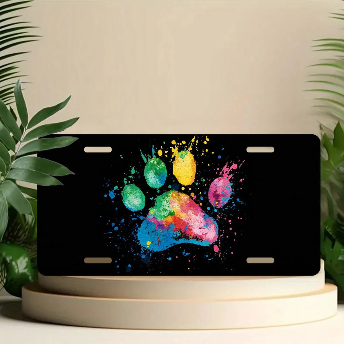 Car Front License Plate, Colorful Pet Paw Print Funny License Plate Personalized Car Decoration Rust-Proof Stainless Steel Vanity Car Tags Accessories For Women Men,12.2" X 6.2"