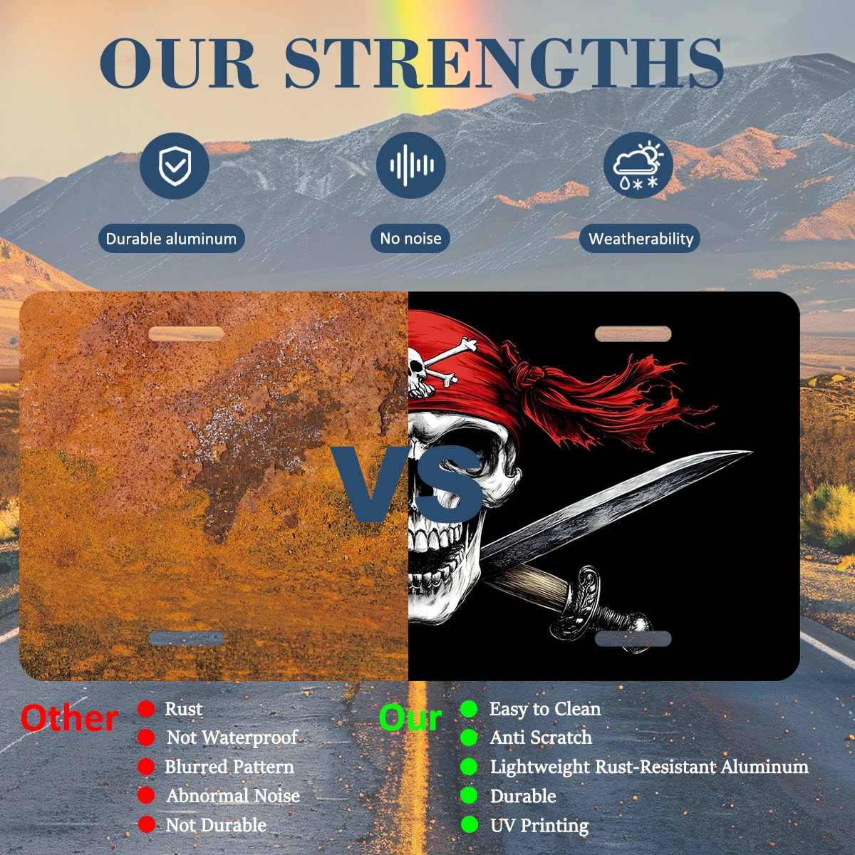 Car Front License Plate, Pirate Skull With Swords Funny License Plate Personalized Car Decoration Rust-Proof Stainless Steel Vanity Car Tags Accessories For Women Men,12.2" X 6.2"