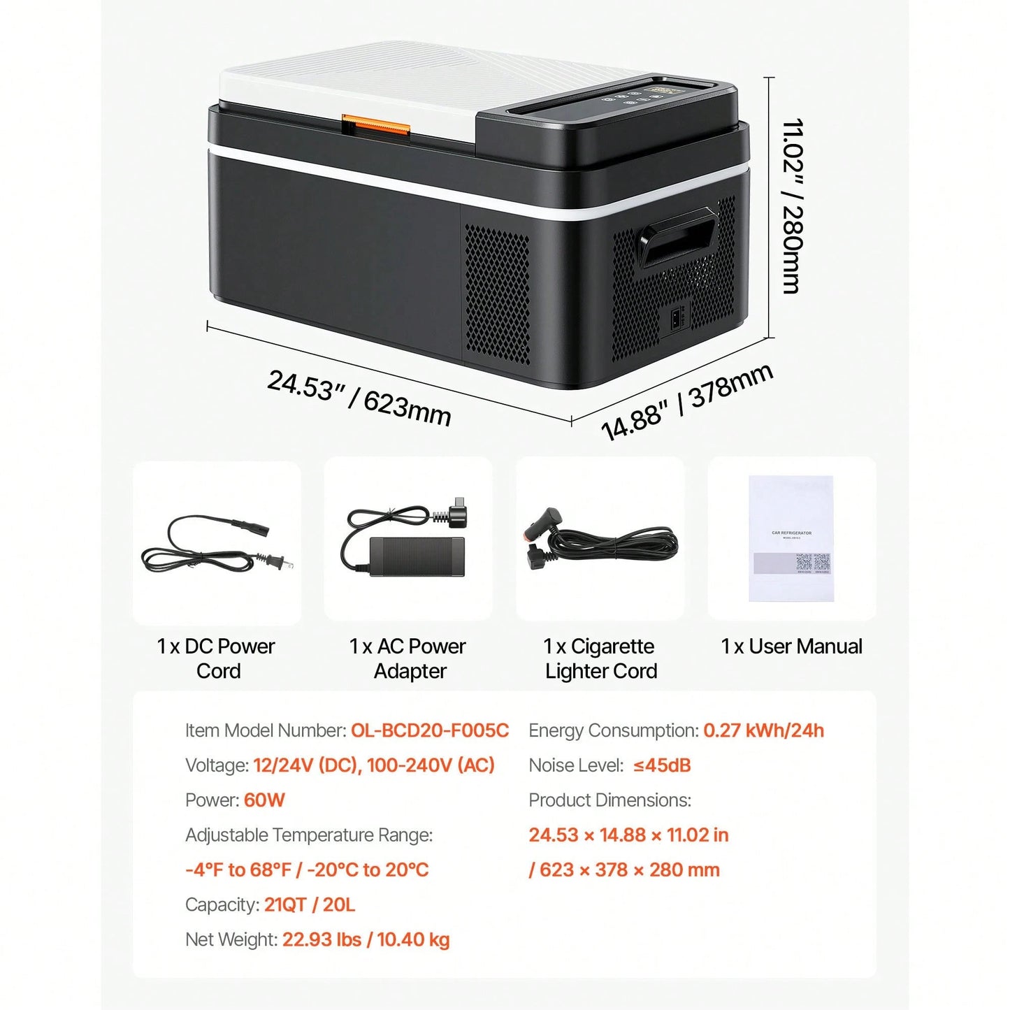 Car Refrigerator, DC 12/24V AC100-240V Compressor Electric Cooler,-4°F To 68°F Car Fridge With APP Control, 21 QT Cars Freezer For RVs, Campsites, Boats, Camping, Fishing, 60W Portable Freezer