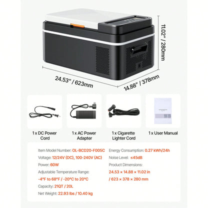 Car Refrigerator, DC 12/24V AC100-240V Compressor Electric Cooler,-4°F To 68°F Car Fridge With APP Control, 21 QT Cars Freezer For RVs, Campsites, Boats, Camping, Fishing, 60W Portable Freezer