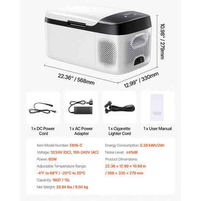 Car Refrigerator, DC 12/24V AC100-240V Compressor Electric Cooler,-4°F To 68°F Car Fridge With APP Control, 16 QT Cars Freezer For RVs, Campsites, Boats, Camping, Fishing, 60W Portable Freezer