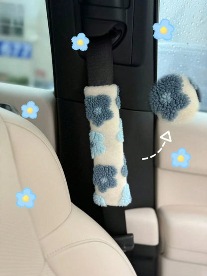 Car Seat Belt Flower Lambswool Shoulder Pad Anti-Wear Clothes Protective Cover Lambswool Three-Dimensional Carved Anti-Tightening Insurance Decorative Cover