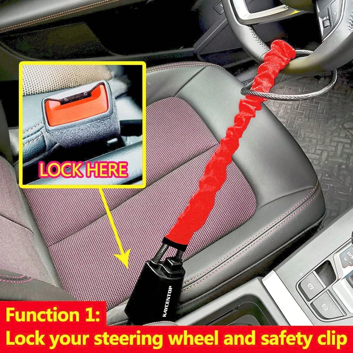 Car Steering Wheel Lock, Seat Belt Lock, Anti-Theft Device, Max 17 Inch Length, Small And Light-Weight, Multi-Functional, Fit Most Vehicle, SUV, Golf Cart Security