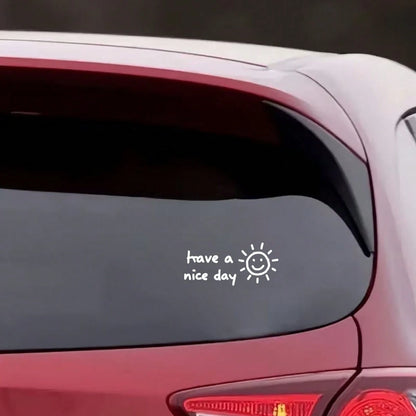 Car Sticker- Hand-Drawn Warm "Have A Nice Day" Text With Sun Illustration, Black Background White Font, Waterproof Durable Vinyl Decal For Car Windows, Body, Laptop, Helmet, Skateboard And Smooth Sur