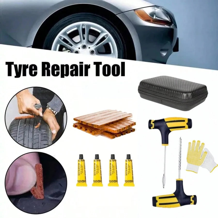 Car Tire Repair Kit With Emergency Tools, Patch And Sealant- Easy To Use- Quick Fix- Included Box- Easily Repairs Tires, Universal Portable Tool- Effective For Various Situations- Suitable For Ca