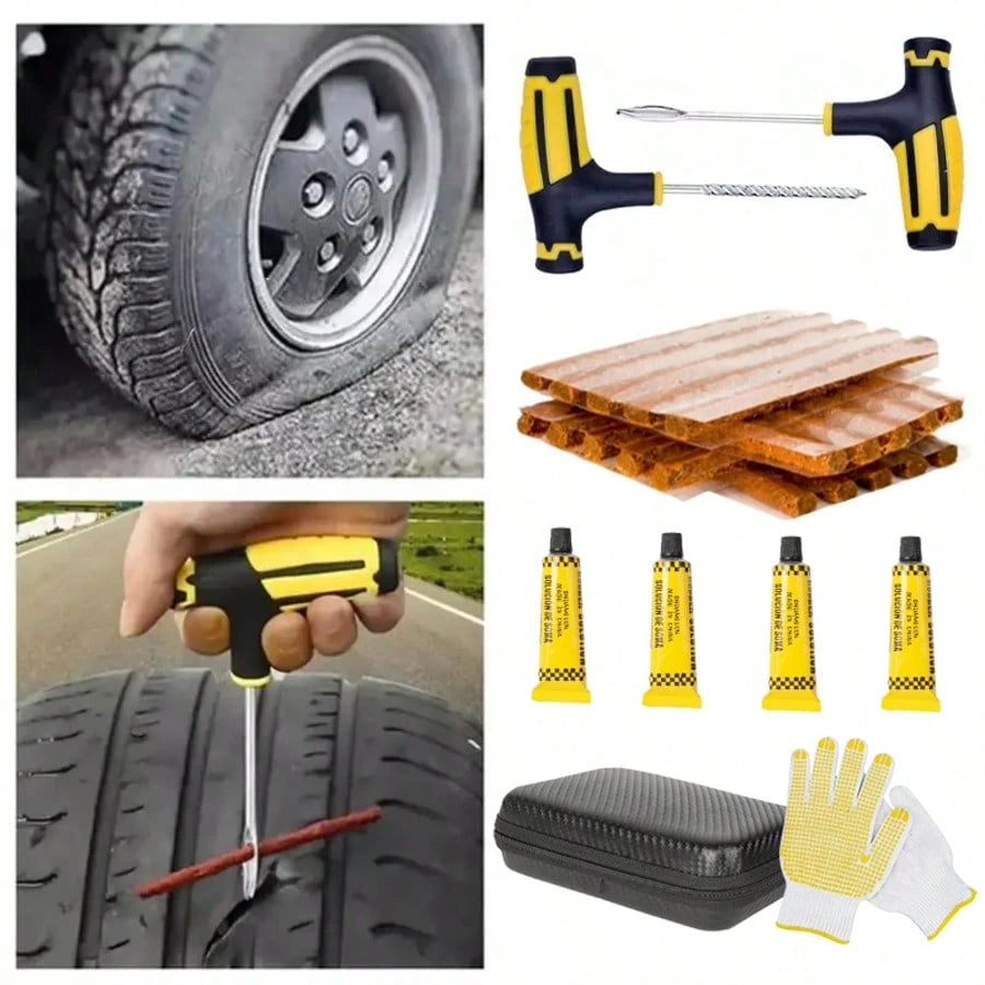 Car Tire Repair Kit With Emergency Tools, Patch And Sealant- Easy To Use- Quick Fix- Included Box- Easily Repairs Tires, Universal Portable Tool- Effective For Various Situations- Suitable For Ca