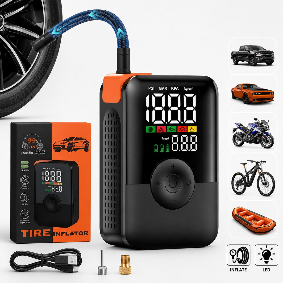Carsun Cordless Air Pump For Motorcycle Tire Inflator With Rechargeable Battery Portable Air Compressor 22mm Cylinder Digital Display Pump For Bike, Fast Charging, Air Compressor For Motorcycle Bicycl