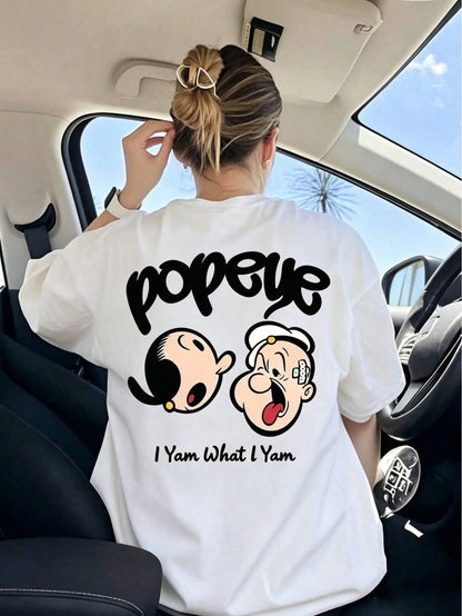 Cartoon Pattern T-Shirt, Anime Print T-Shirt, Casual Street Style Short Sleeve, Top White Summer