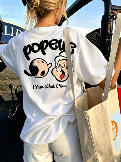 Cartoon Pattern T-Shirt, Anime Print T-Shirt, Casual Street Style Short Sleeve, Top White Summer
