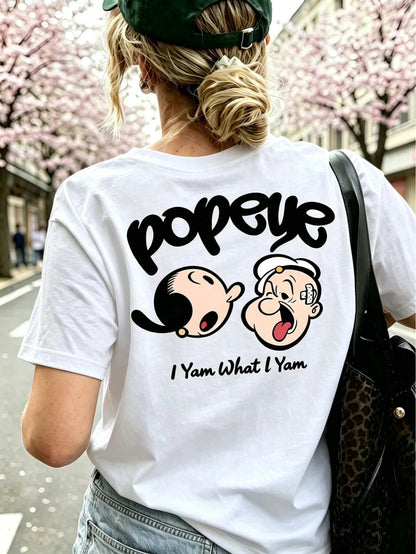 Cartoon Pattern T-Shirt, Anime Print T-Shirt, Casual Street Style Short Sleeve, Top White Summer