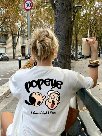 Cartoon Pattern T-Shirt, Anime Print T-Shirt, Casual Street Style Short Sleeve, Top White Summer