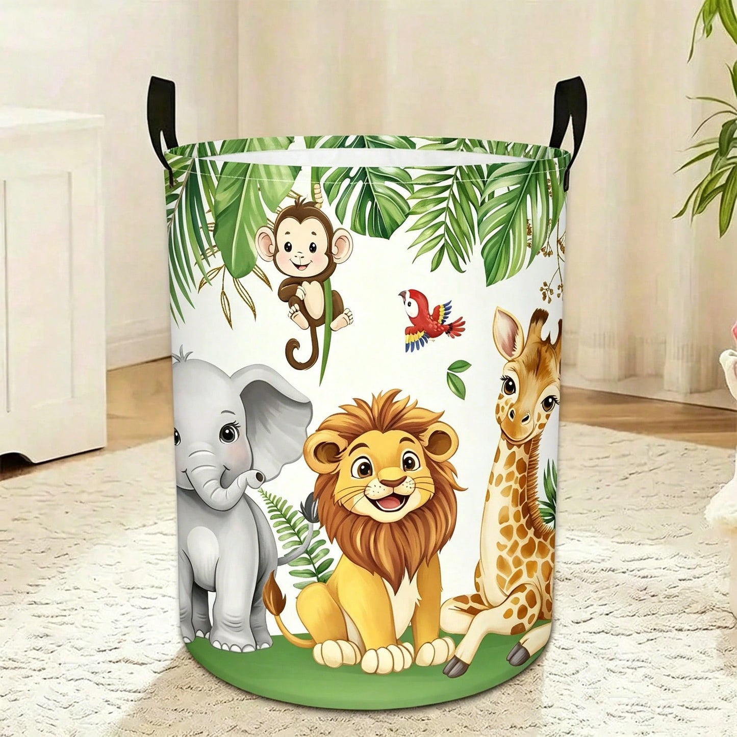 Cartoon Wild Animal Round Laundry Basket, Featuring Lion, Elephant, Giraffe, Monkey And Parrot, White Background With Tropical Palm Leaves, Foldable With Handle Storage Basket, Clothes Storage Box, Su