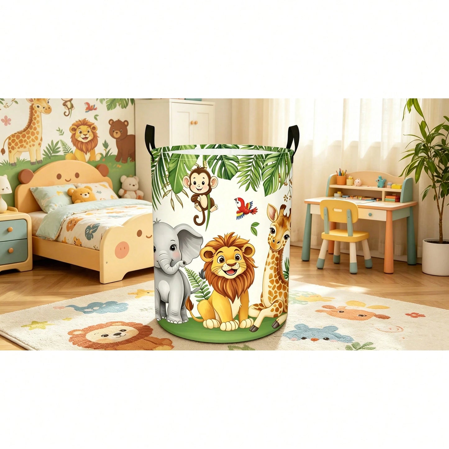 Cartoon Wild Animal Round Laundry Basket, Featuring Lion, Elephant, Giraffe, Monkey And Parrot, White Background With Tropical Palm Leaves, Foldable With Handle Storage Basket, Clothes Storage Box, Su