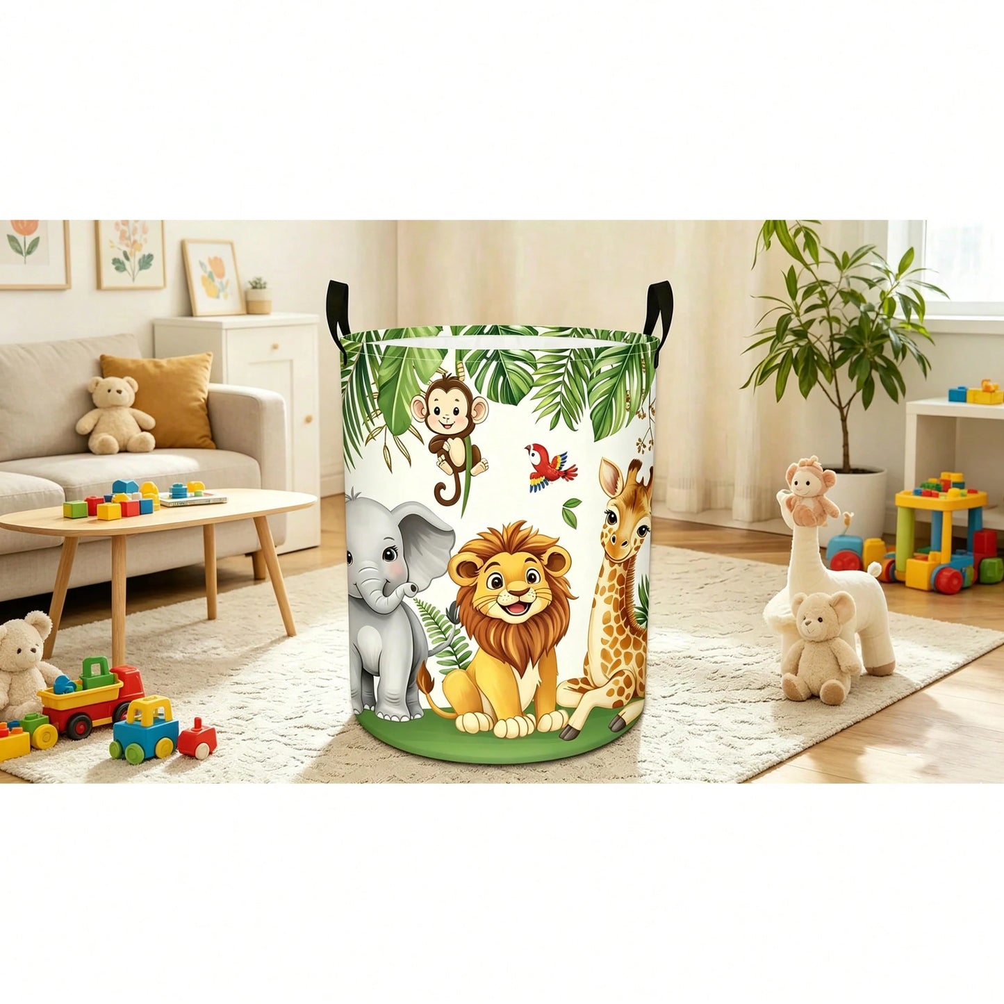 Cartoon Wild Animal Round Laundry Basket, Featuring Lion, Elephant, Giraffe, Monkey And Parrot, White Background With Tropical Palm Leaves, Foldable With Handle Storage Basket, Clothes Storage Box, Su