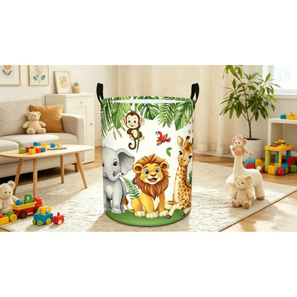 Cartoon Wild Animal Round Laundry Basket, Featuring Lion, Elephant, Giraffe, Monkey And Parrot, White Background With Tropical Palm Leaves, Foldable With Handle Storage Basket, Clothes Storage Box, Su