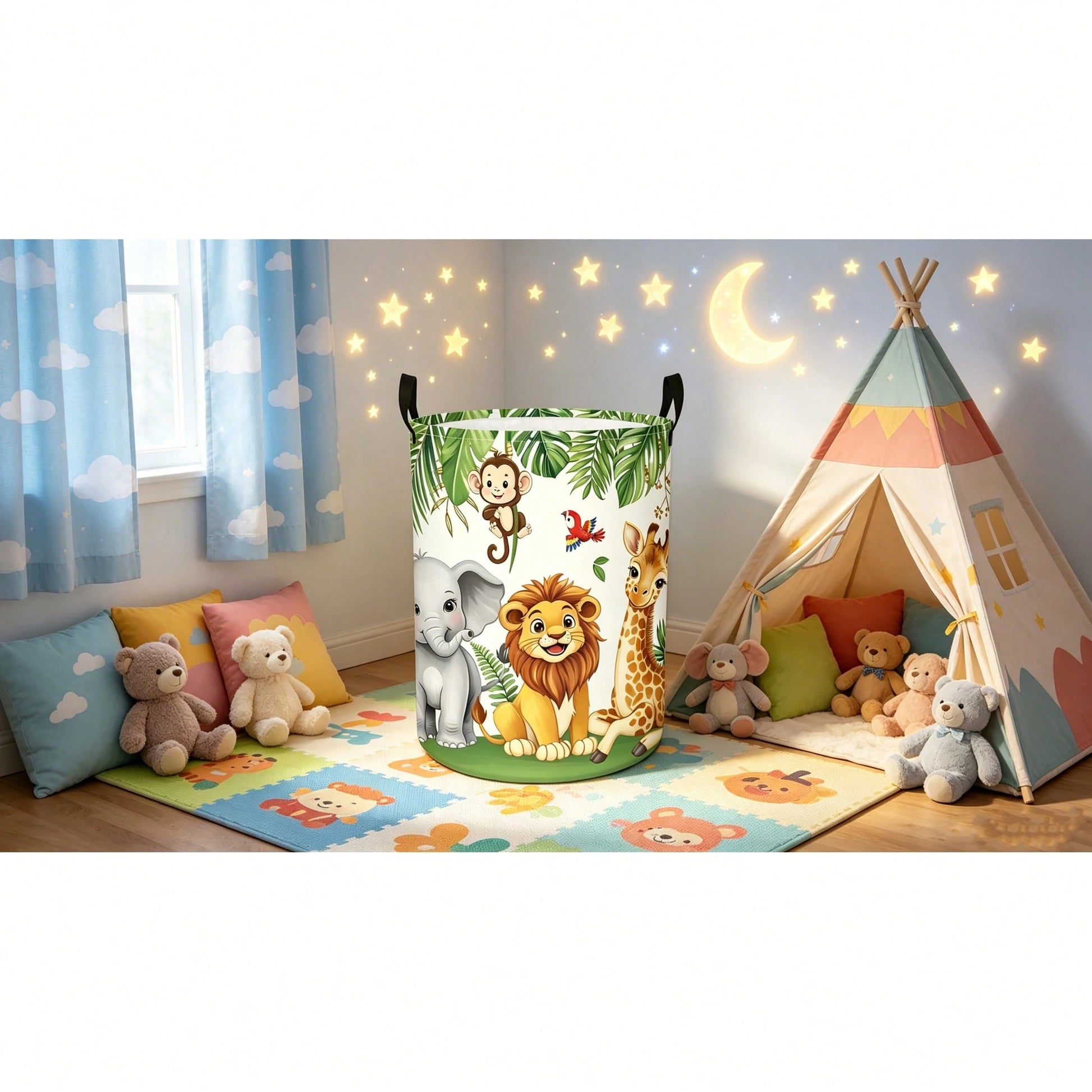 Cartoon Wild Animal Round Laundry Basket, Featuring Lion, Elephant, Giraffe, Monkey And Parrot, White Background With Tropical Palm Leaves, Foldable With Handle Storage Basket, Clothes Storage Box, Su