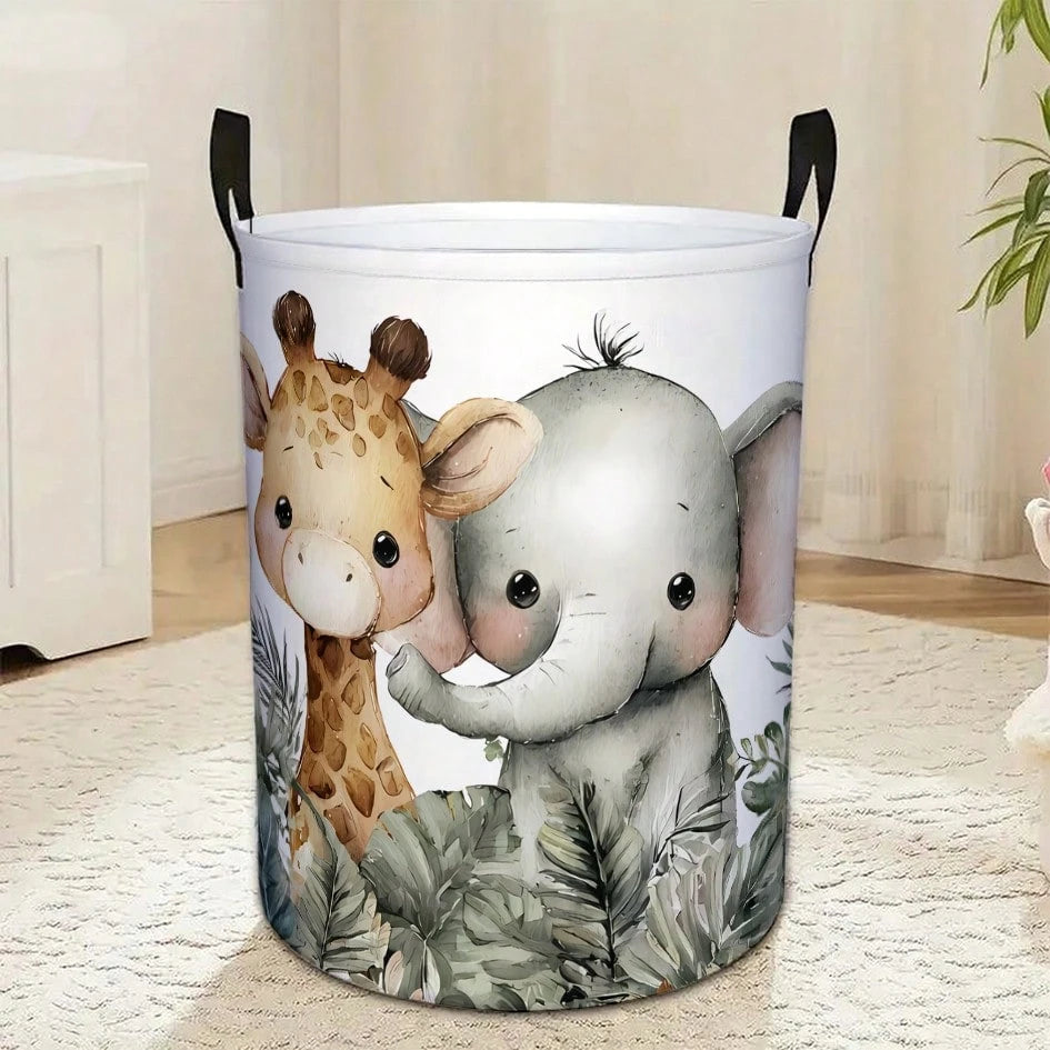 Cartoon Wild Animal Round Laundry Basket, Featuring Lion, Elephant, Giraffe, Monkey And Parrot, White Background With Tropical Palm Leaves, Foldable With Handle Storage Basket, Clothes Storage Box, Su