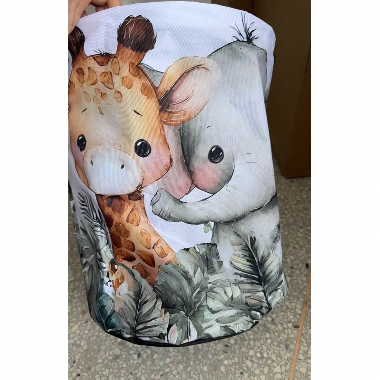 Cartoon Wild Animal Round Laundry Basket, Featuring Lion, Elephant, Giraffe, Monkey And Parrot, White Background With Tropical Palm Leaves, Foldable With Handle Storage Basket, Clothes Storage Box, Su