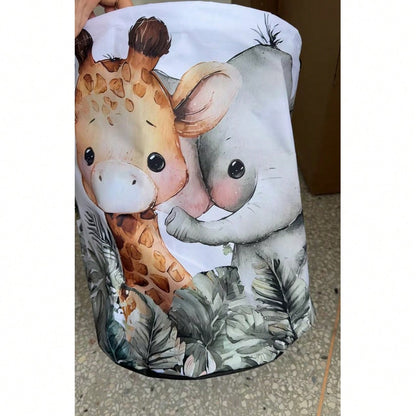 Cartoon Wild Animal Round Laundry Basket, Featuring Lion, Elephant, Giraffe, Monkey And Parrot, White Background With Tropical Palm Leaves, Foldable With Handle Storage Basket, Clothes Storage Box, Su