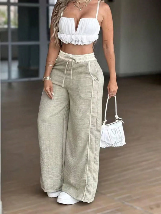 Casual Elastic Waist Straight Leg Pants, Relaxed Fit Spring