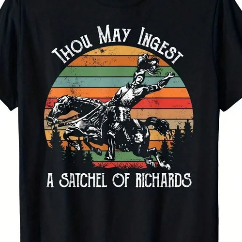 Casual Round Neck Plus Size Tee With 'Thou May Ingest A Satchel Of Richards' Knight Riding Horse Graphic Print, Regular Length Short Sleeve Top