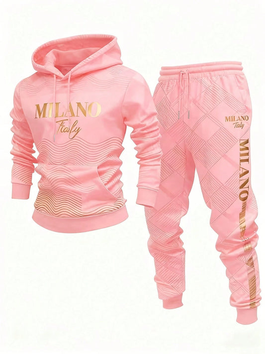 Casual Sporty Tracksuit Set Milano Italy Print Hoodie And Pants With Gold Text Design For Everyday Wear And Gift For Friends And Family