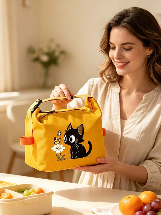 Cat Print Lunch Bag, Insulated Lunch Box, Office Worker & Student Lunch Bag, Large Capacity Bento Bag, Waterproof & Oil-Resistant Lunch Bag, Printed With Cute Black Cat Pattern, Large Capacity 3D Stor