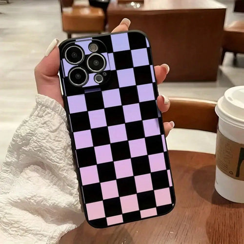 Checkerboard Pattern Mobile Phone Case, Featuring Purple And Black Gradient Design, Suitable For IPhone 16, 15, 14, 13, 12, 11 Pro Models, TPU Material, Shockproof Protection. It Is A Great Gift For F