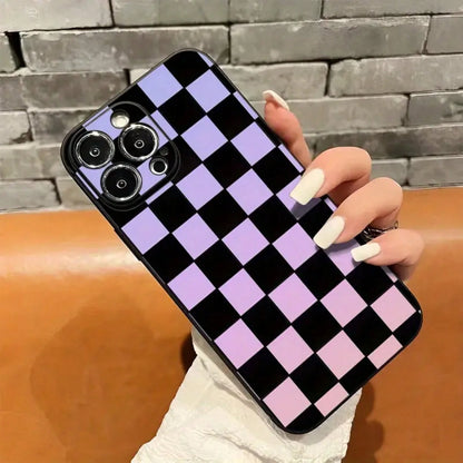 Checkerboard Pattern Mobile Phone Case, Featuring Purple And Black Gradient Design, Suitable For IPhone 16, 15, 14, 13, 12, 11 Pro Models, TPU Material, Shockproof Protection. It Is A Great Gift For F