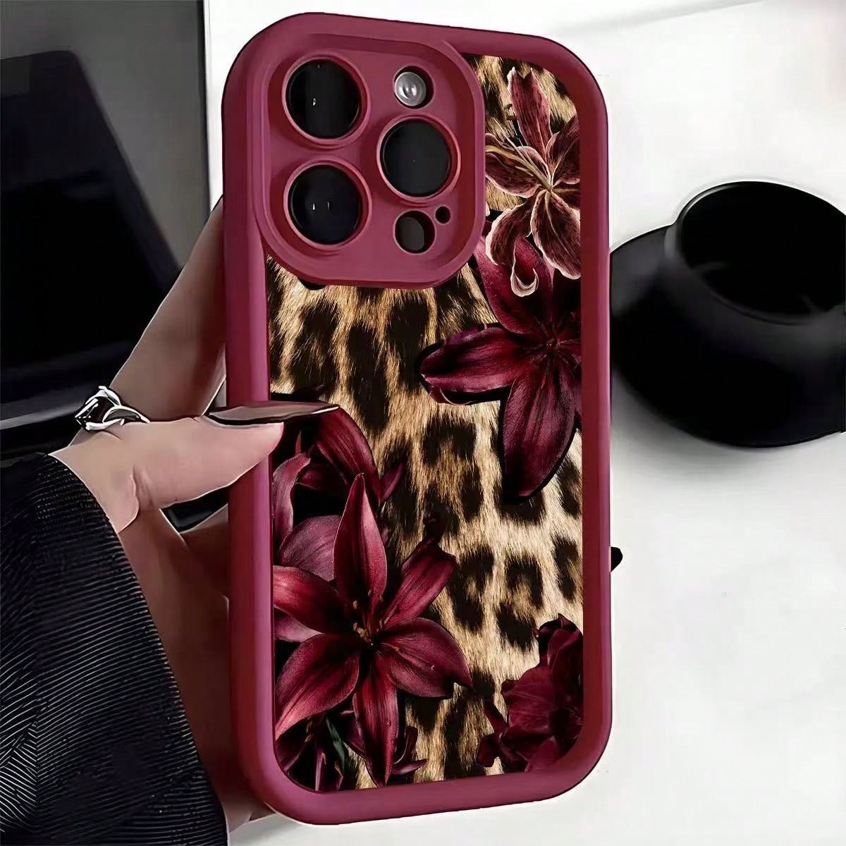 Cheetah, Leopard Print Burgundy Sexy Leopard Print & Vintage Floral Thick Anti-Drop Phone Case, Compatible With Iphone 11 12 13 14 15 16, 13 Pro Max, 16 Plus, XR, 7, 8 Plus, 17 Pro Max, 15 Pro Max And