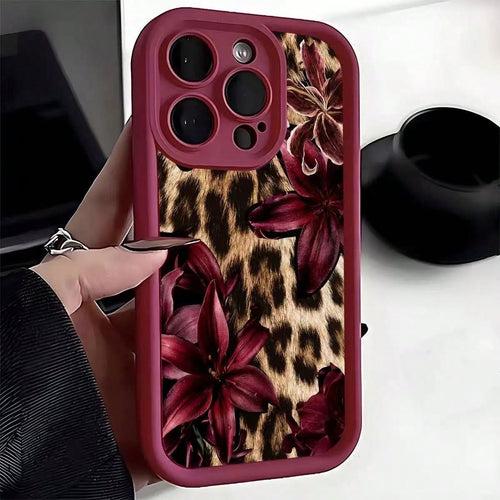 Cheetah, Leopard Print Burgundy Sexy Leopard Print & Vintage Floral Thick Anti-Drop Phone Case, Compatible With Iphone 11 12 13 14 15 16, 13 Pro Max, 16 Plus, XR, 7, 8 Plus, 17 Pro Max, 15 Pro Max And