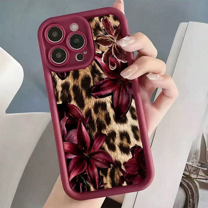 Cheetah, Leopard Print Burgundy Sexy Leopard Print & Vintage Floral Thick Anti-Drop Phone Case, Compatible With Iphone 11 12 13 14 15 16, 13 Pro Max, 16 Plus, XR, 7, 8 Plus, 17 Pro Max, 15 Pro Max And