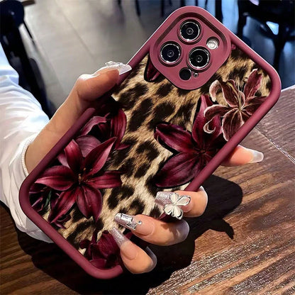 Cheetah, Leopard Print Burgundy Sexy Leopard Print & Vintage Floral Thick Anti-Drop Phone Case, Compatible With Iphone 11 12 13 14 15 16, 13 Pro Max, 16 Plus, XR, 7, 8 Plus, 17 Pro Max, 15 Pro Max And