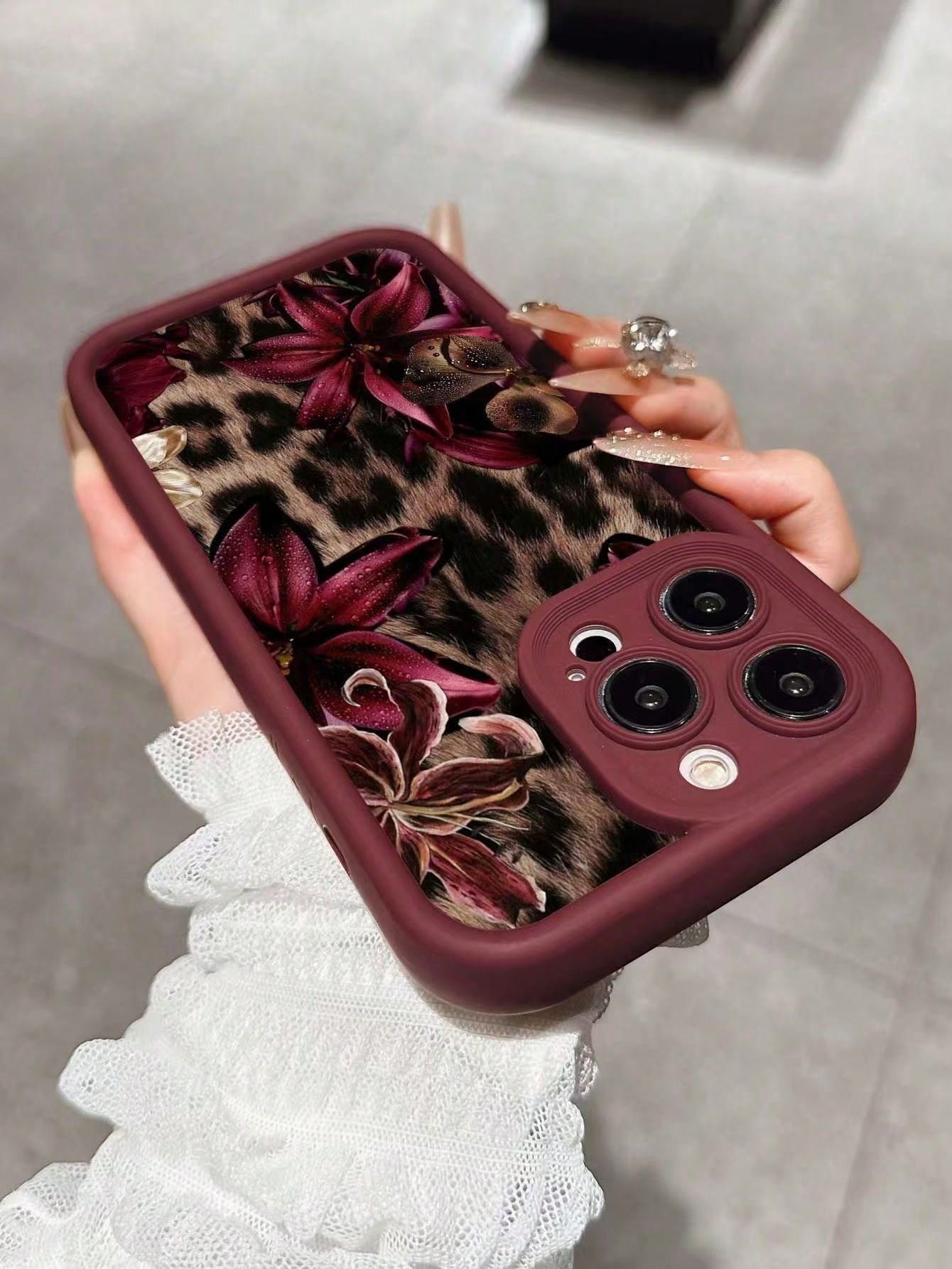 Cheetah, Leopard Print Burgundy Sexy Leopard Print & Vintage Floral Thick Anti-Drop Phone Case, Compatible With Iphone 11 12 13 14 15 16, 13 Pro Max, 16 Plus, XR, 7, 8 Plus, 17 Pro Max, 15 Pro Max And