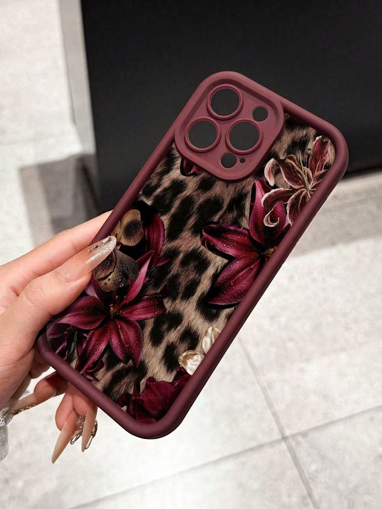 Cheetah, Leopard Print Burgundy Sexy Leopard Print & Vintage Floral Thick Anti-Drop Phone Case, Compatible With Iphone 11 12 13 14 15 16, 13 Pro Max, 16 Plus, XR, 7, 8 Plus, 17 Pro Max, 15 Pro Max And