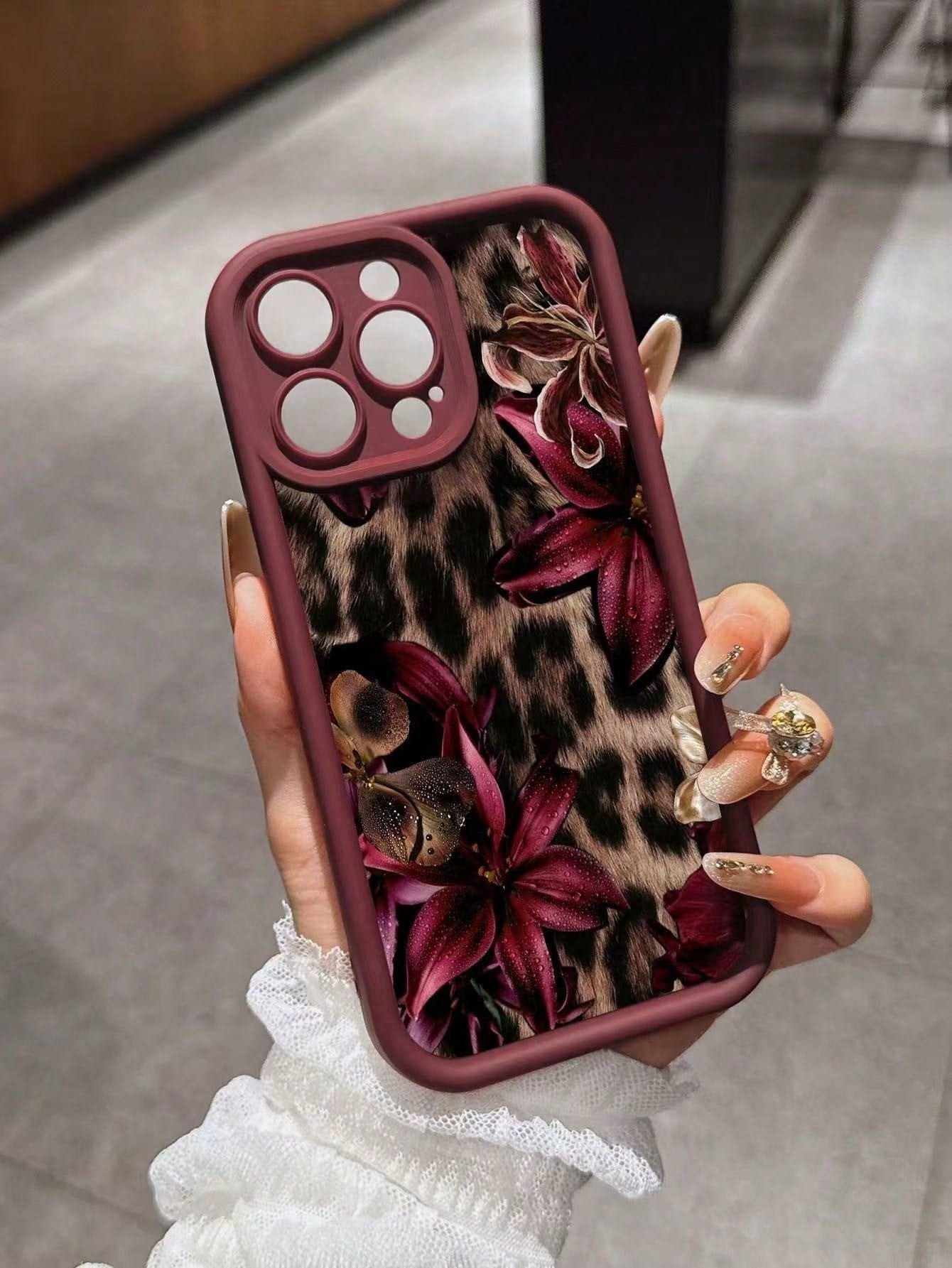 Cheetah, Leopard Print Burgundy Sexy Leopard Print & Vintage Floral Thick Anti-Drop Phone Case, Compatible With Iphone 11 12 13 14 15 16, 13 Pro Max, 16 Plus, XR, 7, 8 Plus, 17 Pro Max, 15 Pro Max And